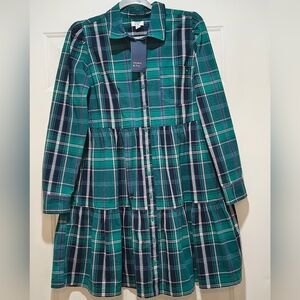 NWT Crown & Ivy Green Plaid Tiered Shirt Boyfriend  Dress Size Large